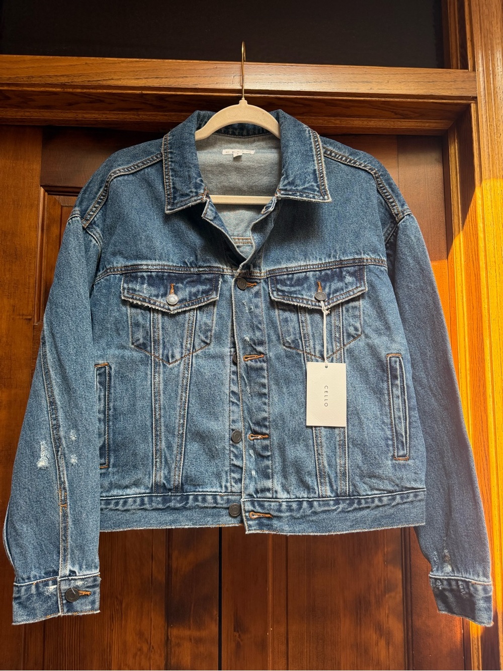 Cello Blue Distressed Denim Jacket, Size Small